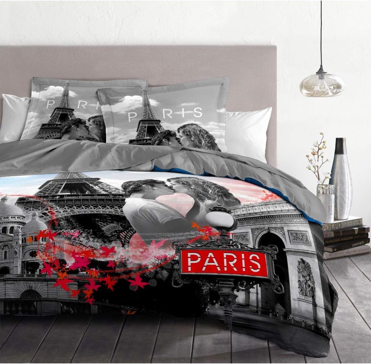 SnelShoppen - Luxe 3-delig Bedlinnen Set 220 x 240 cm - 100% Katoen Duvet Dekbedovertrek en 2 Kussenslopen - Parijs Grijs - Perfect voor Slaapkamer