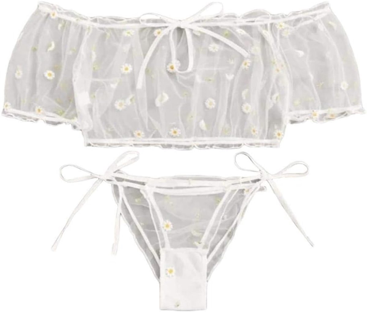 & cosplay Vrouwen Sexy Lingerie Transparant Kant Draadloze Beha String set-Blanco_XL