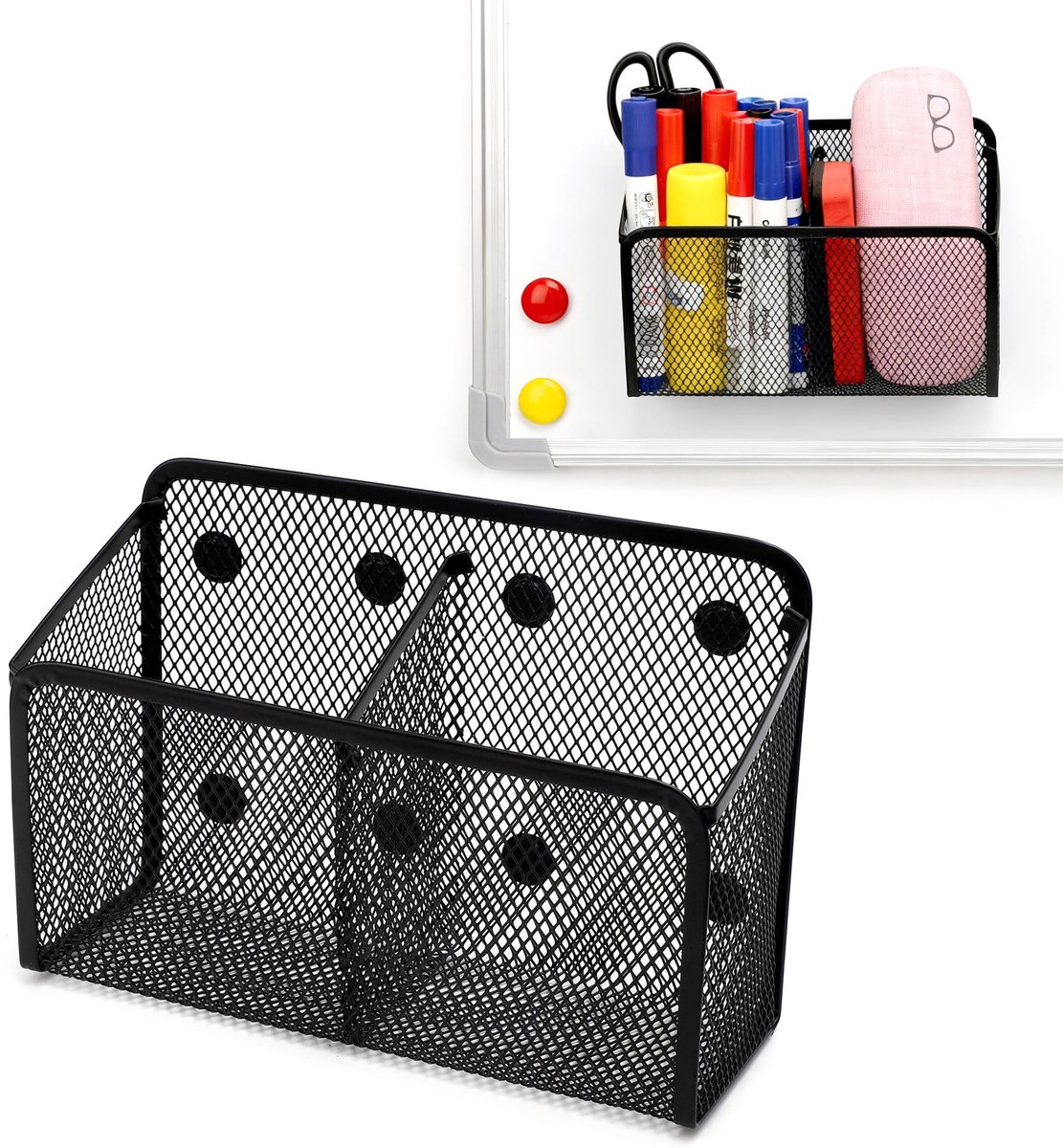 Magnetische Pennenhouder met 2 Vakken – Metalen Mesh Organizer voor Whiteboard, Koelkast & Locker – Magnetische Bureau Organizer voor Pennen, Markers en Bureauaccessoires – 1 Stuks