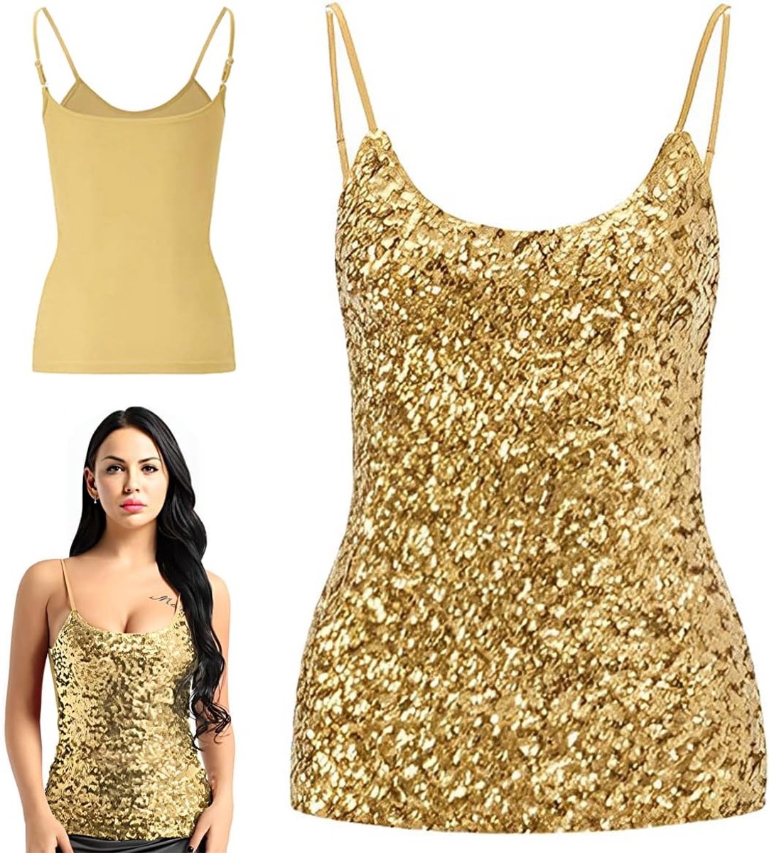 Damestops met pailletten, mouwloos glitterhemdje, verstelbare bandjes, dagelijkse haltertop, blouse, T-shirts voor nachtclub, feest, optredenskostuum