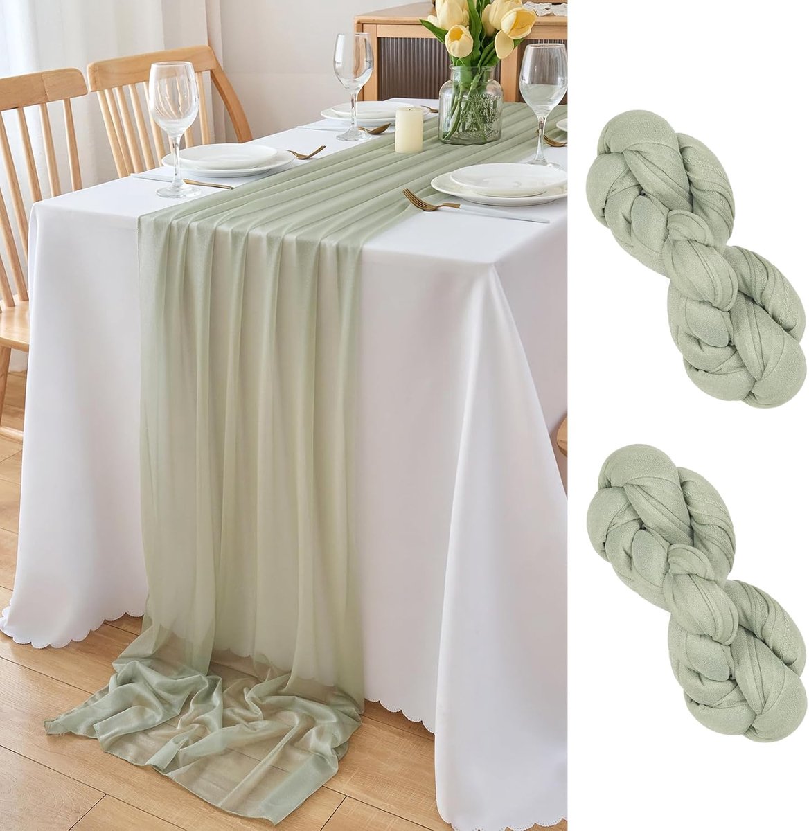 Tafelloper van chiffon, tafeldecoratie, wasbaar, voor bruiloften, feesten, picknicks, tafeldecoratie, 2 stuks, 70 x 300 cm