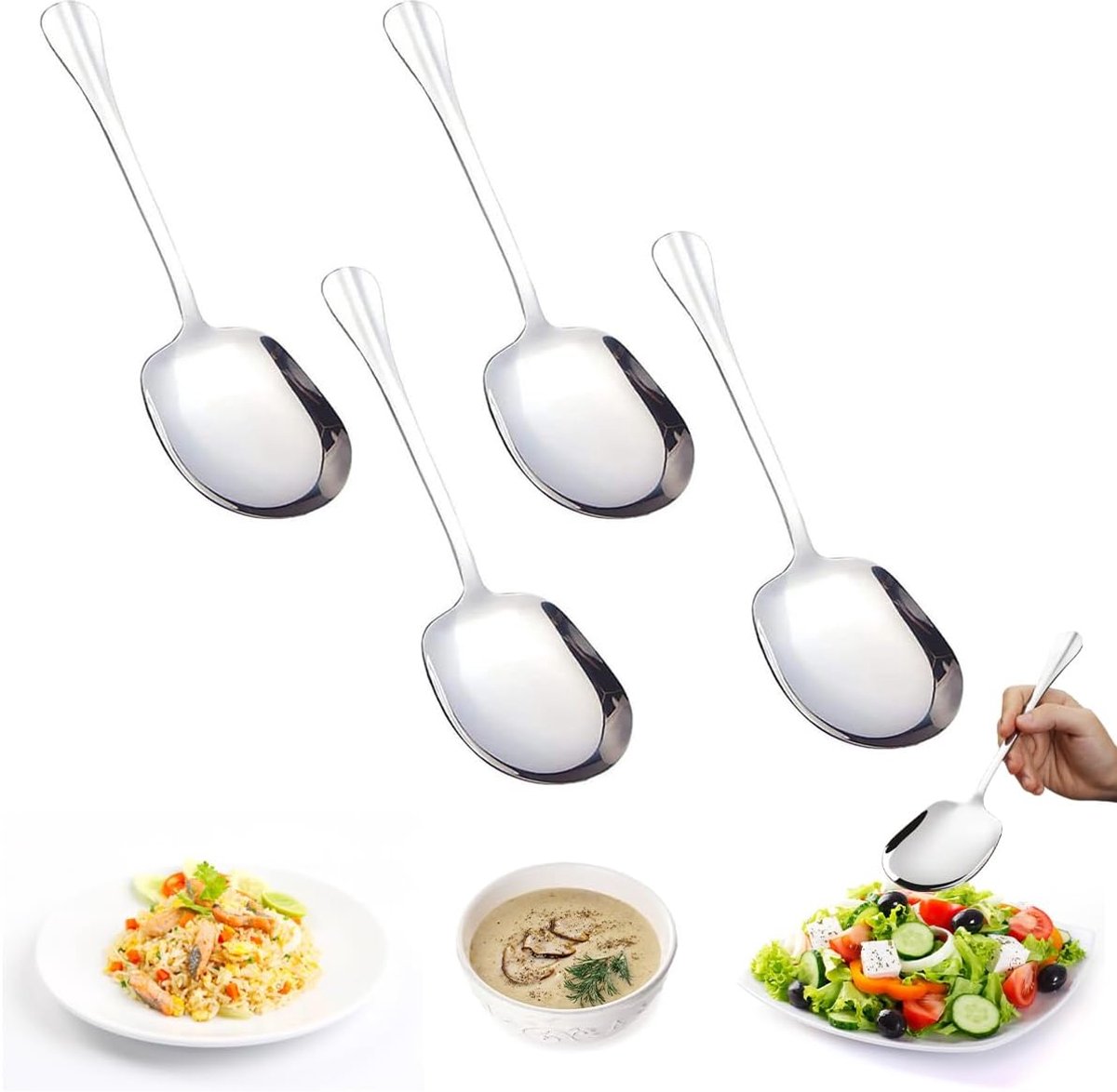 4 stuks grote lepels serveerlepels van roestvrij staal, 21 cm slalepel, voorlepel, serveerlepel, grote lepel, E-delstaal roestvrij gepolijste lepel voor banket, buffet, restaurant