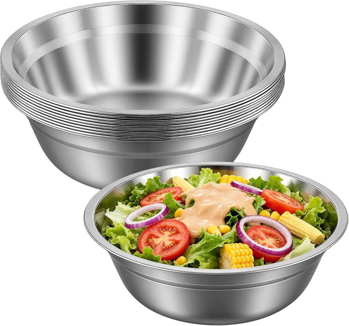 10 stuks 22 cm roestvrijstalen borden en kommen, hoogte 6,3 cm, metalen kom, mengkom van roestvrij staal, serveerkommen voor salade, pasta, rijst, fruit, camping, keuken, feest
