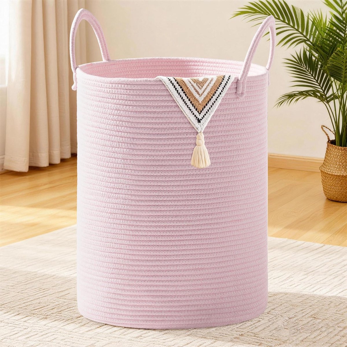 Katoenen Touw Wasmand Extra Groot 45.5cm x 61cm - Opvouwbare Opbergmand met Handvat - Voor Wasgoed, Dekens en Speelgoed - 100L Roze