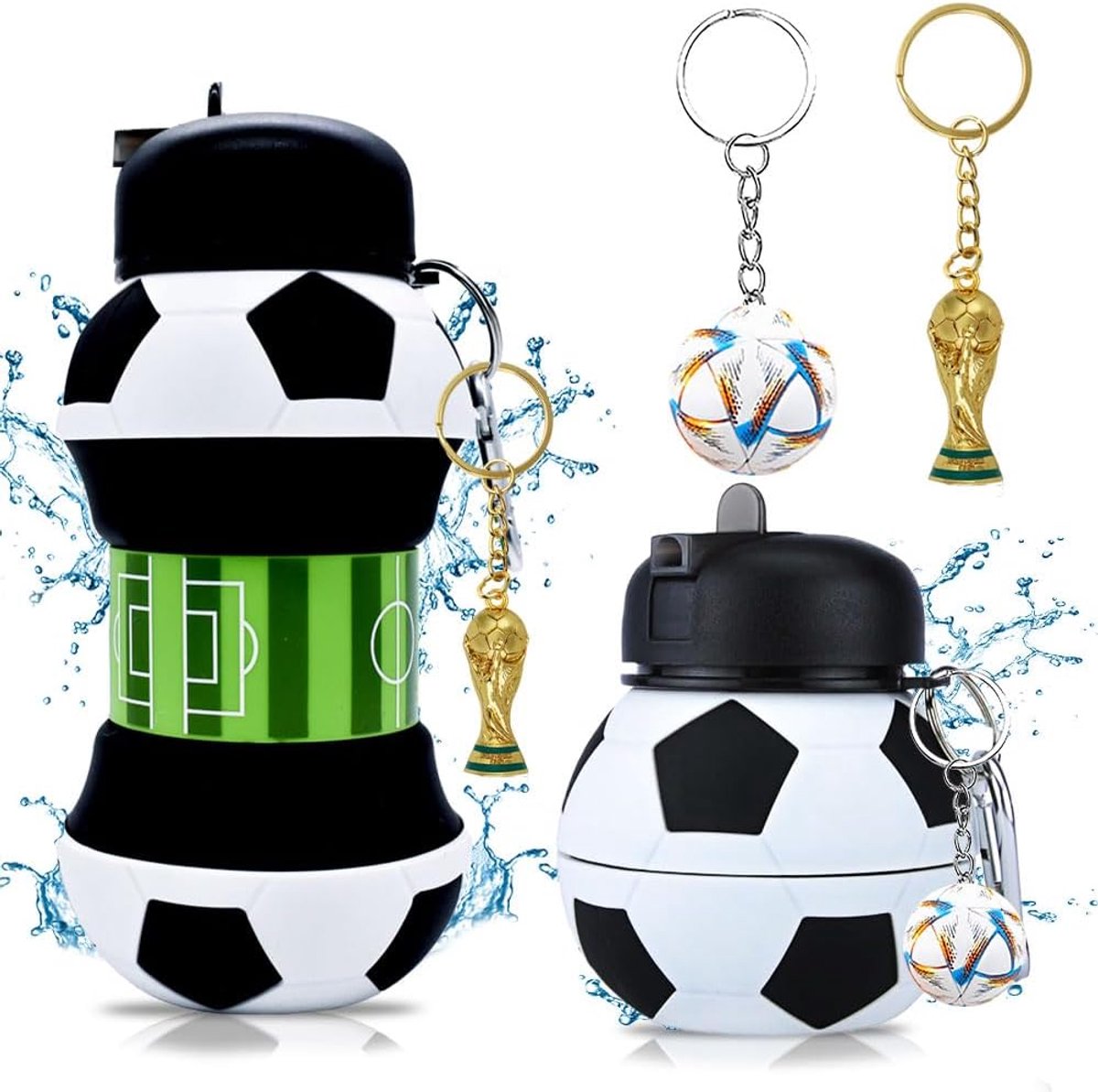Waterfles van siliconen, sportdesign, opvouwbaar, lekvrij, voor jongens en meisjes, met voetbalsleutelhanger, 550 ml, oranje