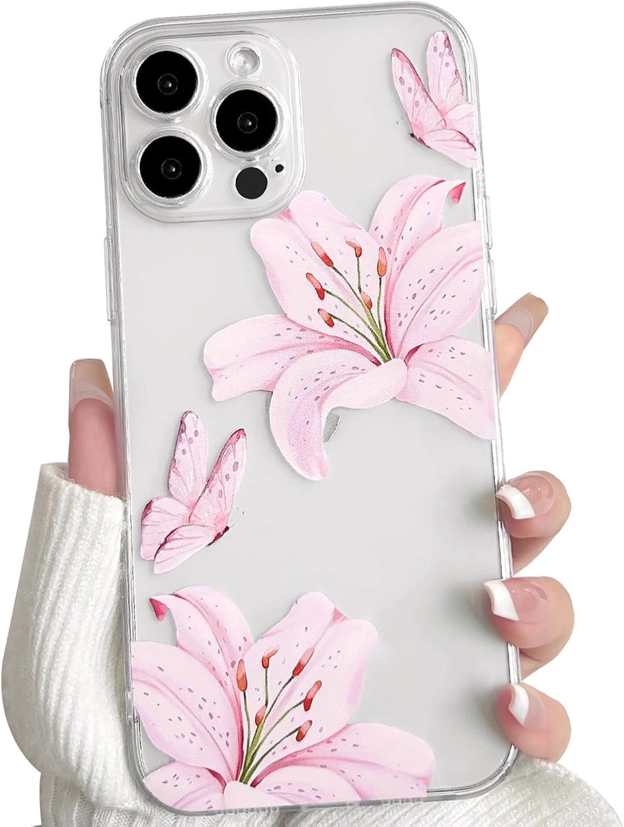 Hoesje voor iPhone 13 Pro Max Duidelijk Lelies Bloemen, Roze | Schattige Vlinder Patroon, Transparant Hoes, voor Vrouwen Meisjes, Slanke Zachte TPU, Schokbestendig Beschermhoesje