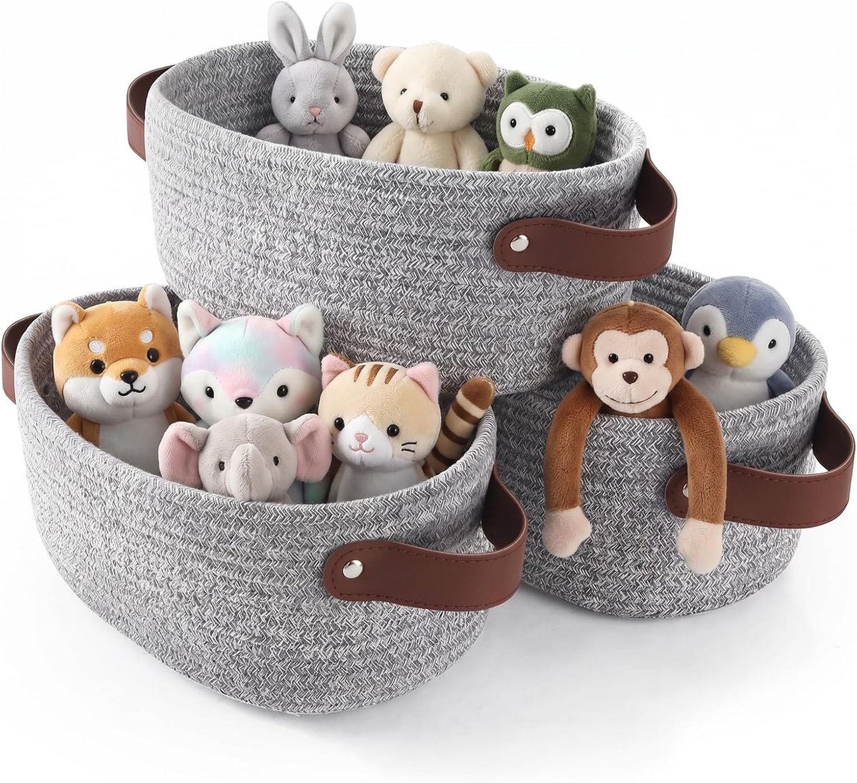 Set van 3 speelgoedmanden met handgrepen, voor orde in de kinderkamer | voor speelgoed, boeken, katoenen touw, wasbaar, 30 x 20 cm (grijs)