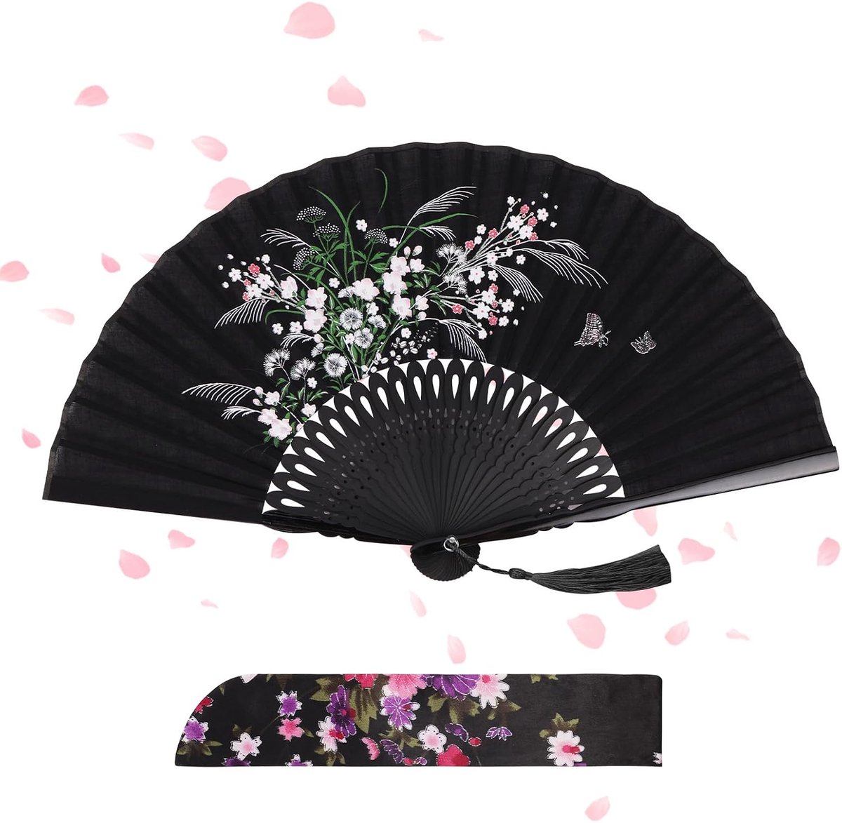 ventilatoren, upgrade handheld ventilator stof handmatige ventilator Chinese ventilatoren met kwastje voor verjaardagscadeaus dansen cosplay bruiloft feest rekwisieten decoratie (D