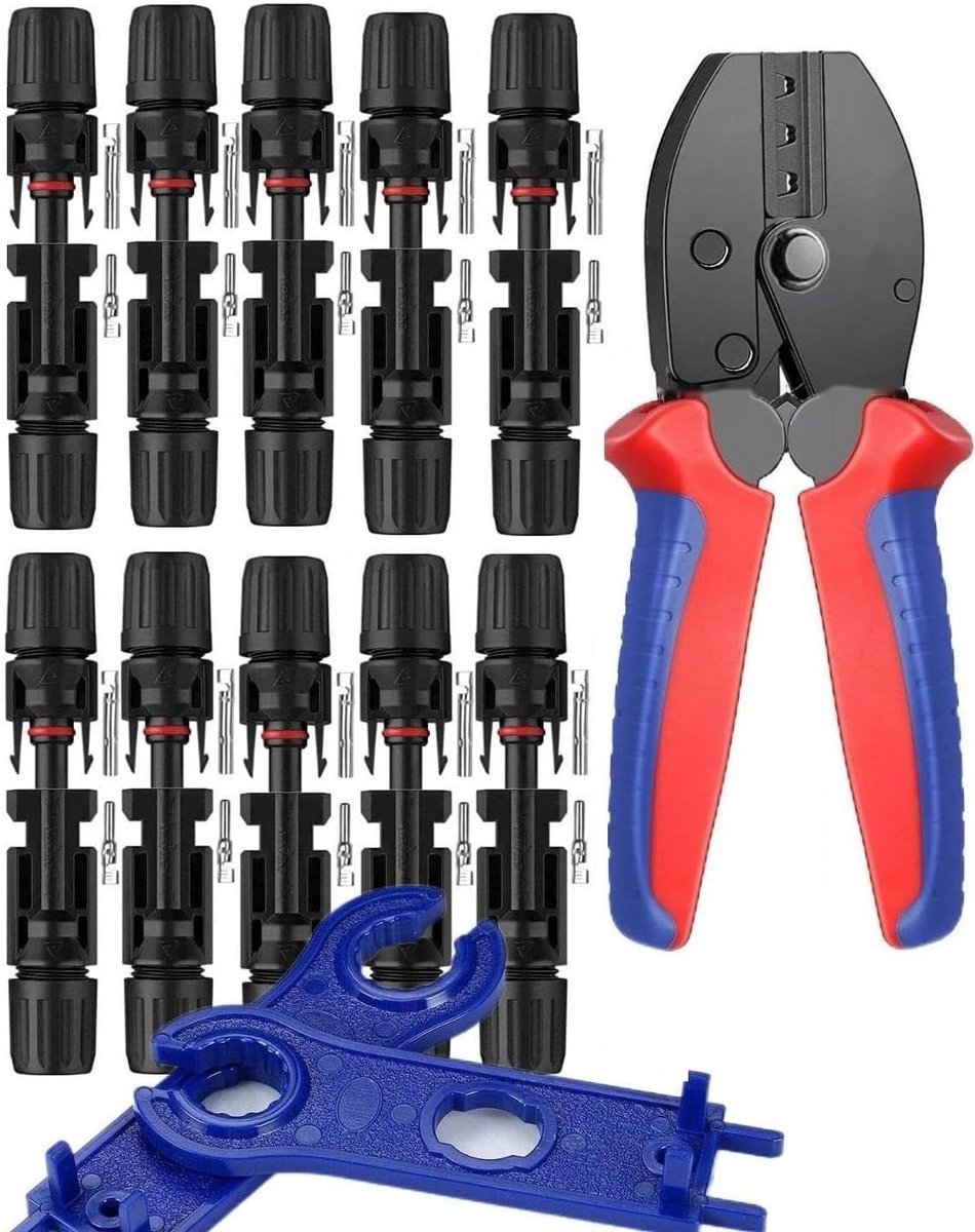 Krimptangset op zonne-energie voor zonnepaneel-PVC-kabel, 1 x PV krimptang, 10 paar stekkers + 10 paar mannelijk/vrouwelijke steekverbinders + 2 x connectoren, moersleutel