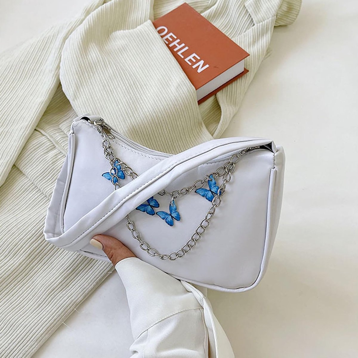 Handtas voor dames, kleine schoudertas met vlinderketting, PU-leer, schoudertas, wit, modieuze casual tas, coole tassen, tieners, meisjes, mini-handtas, handtas voor dames