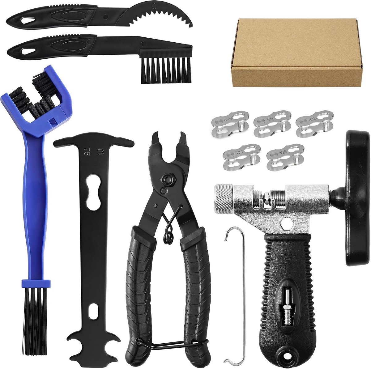 Kettingklinknagel fiets, fietsketting, gereedschapsset met kettingslot, tang, 5 paar fietskettingen, kettingmeter, fietsreinigingsborstel, 6-12 versnellingen fietskettingen, reparatieset