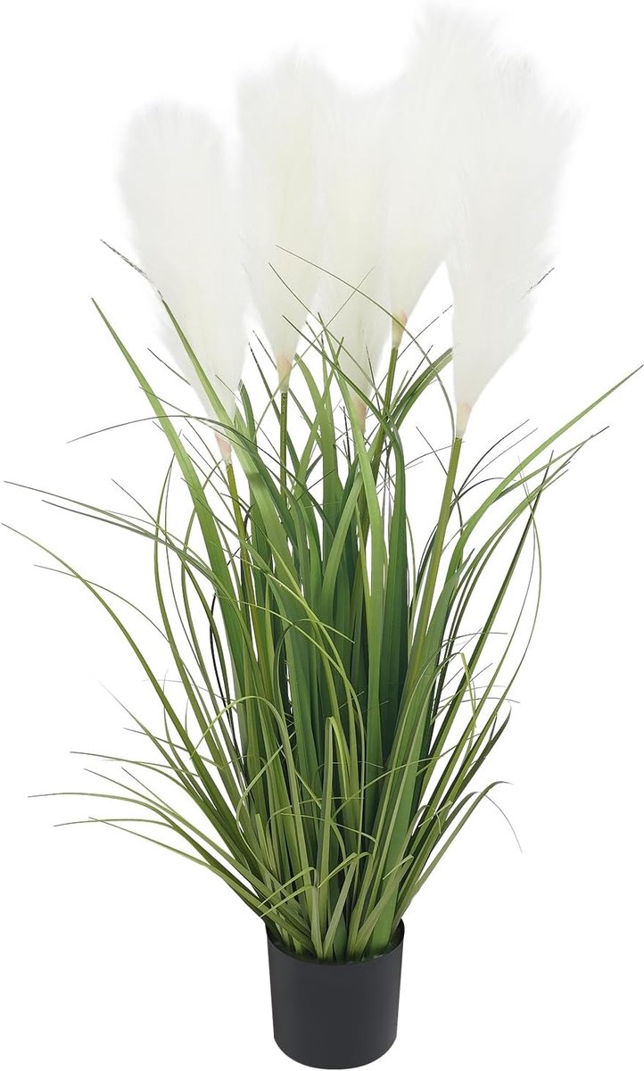Kunstgras in pot, decoratie | Kunstrietgras met 5 bloemen in pot, kunstgras, kunstplanten, voor woonkamer, kantoor en balkon