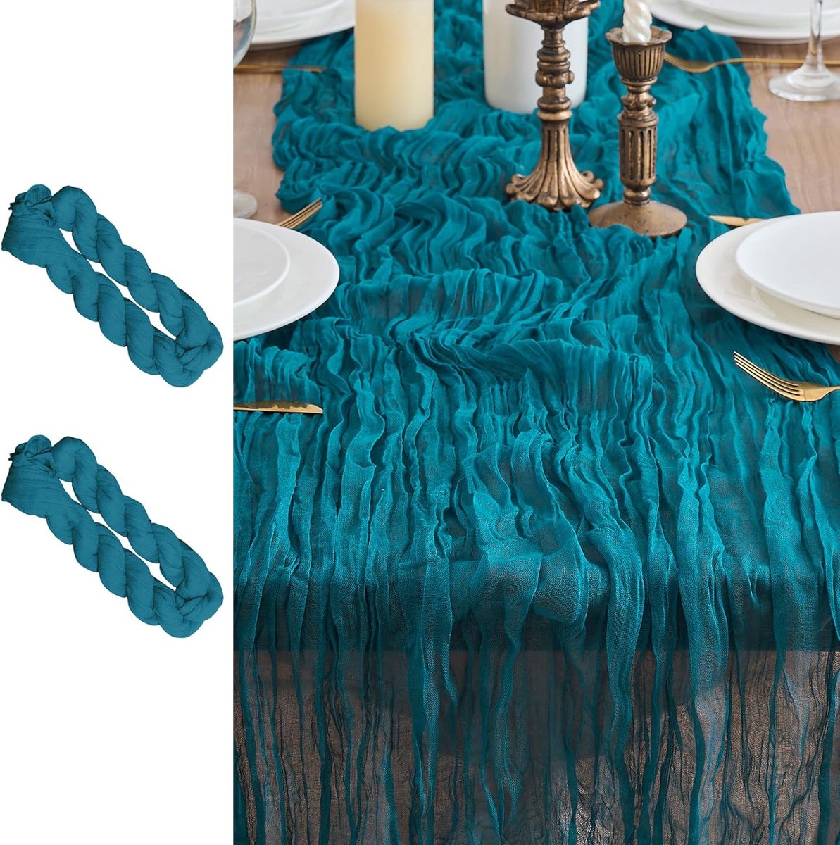 Tafellopers, tafelloper, boho-gaasstof, kaasdoek, rustiek tafelkleed voor bruiloftsdecoratie, tafeldecoratie, 90 x 300 cm (groenblauw, 90 x 300 cm, 2 stuks)