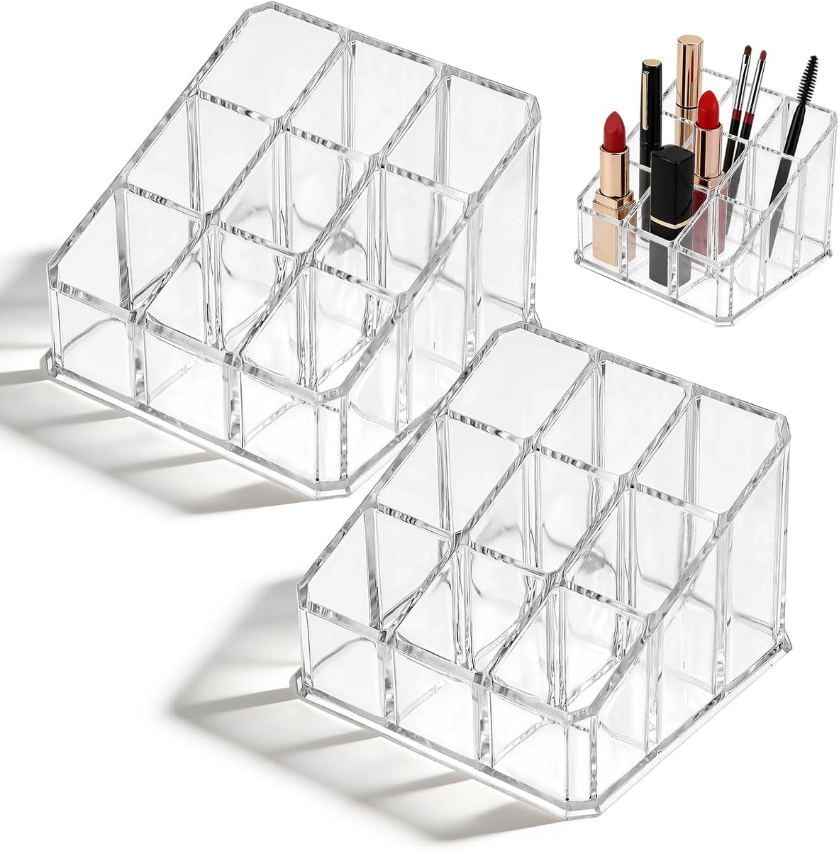 acryl, 2 stuks, 9 vakken, transparant | Klein, voor lippenstiften en borstels, lipgloss-opslag, make-up-organizer