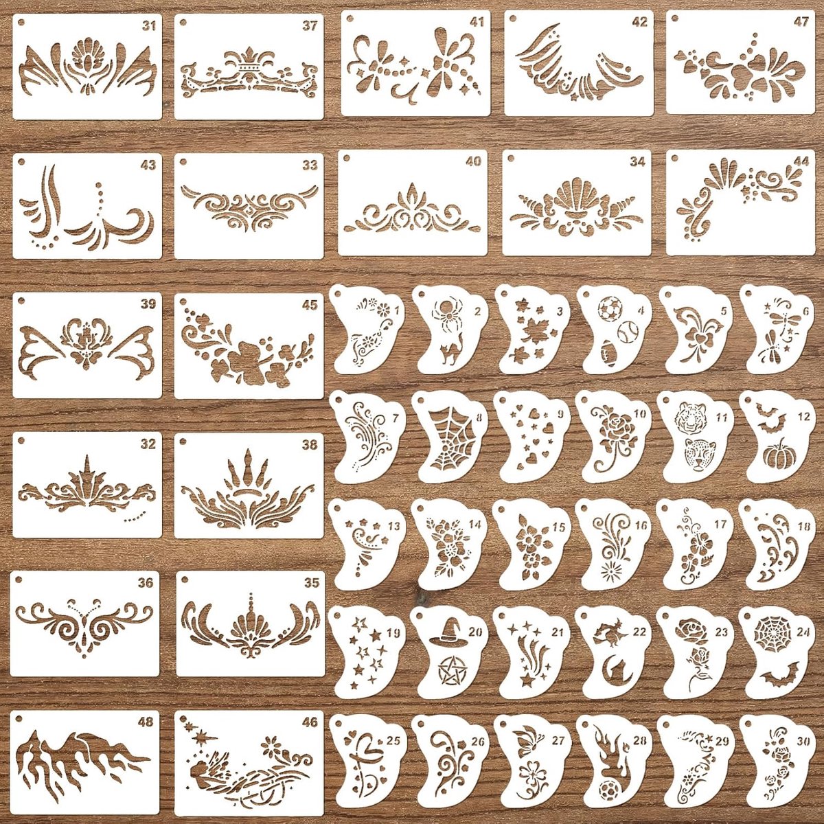 48 stuks make-upsjablonenset voor kinderen, gezichtsverfsjablonen | Herbruikbare tattoo-sjablonen, gezichts- en lichaamssjablonen met 48 motieven, voor kinderen en volwassenen, feest, carnaval