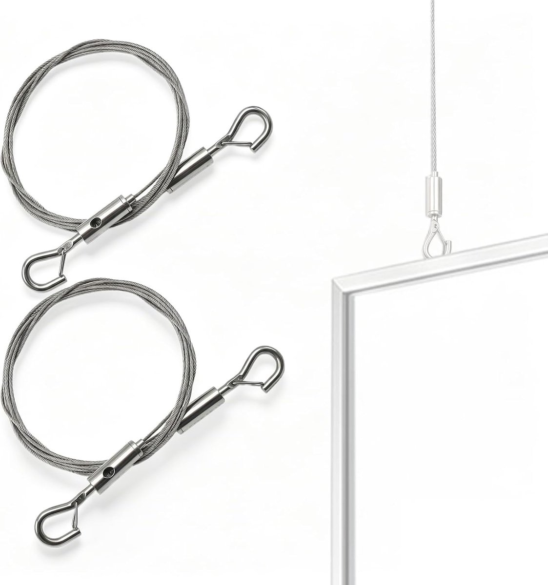 2 m x 1,5 mm, 2 stuks roestvrijstalen draadtouw, verstelbaar fototouw voor het ophangen van foto's, spiegels en paneelverlichting, geschikt voor fotohangers zonder boren