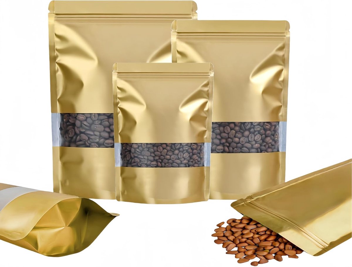 100 stuks Hersluitbare Mylar Stazak, Ritssluiting Plastic Zakjes voor Voedsel, Rits Aluminiumfolie Zakken met Doorzichtig Venster, Ziplock Zakjes met Kleurverpakking (Gouden, 15x22 cm)