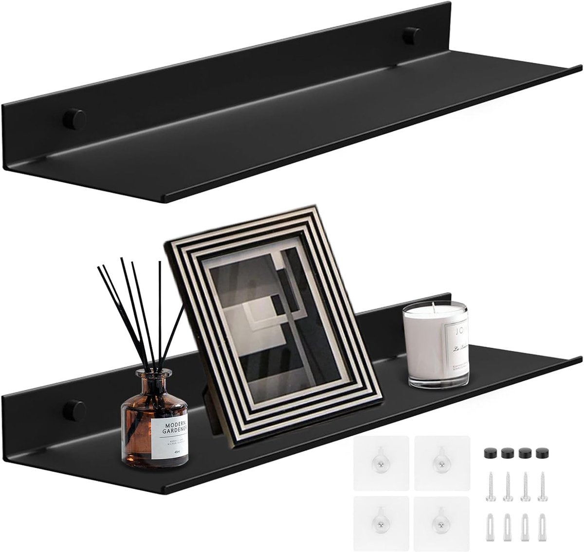 2 wandplanken van aluminium, wandplanken zonder gaten, zwevende wandvloeren, modern, zwevend, voor badkamer, woonkamer, slaapkamer, keuken, kantoor (zwart, 40 cm)