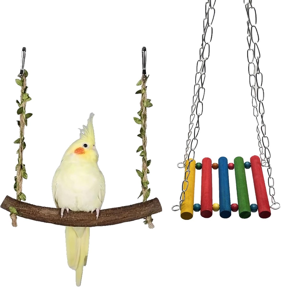 Schommels set: 1x natuurlijk hout Liane schommel + 1x regenboog hangbrug - vogelkooi accessoires voor parkieten, papegaaien, kanarievogels, parkieten