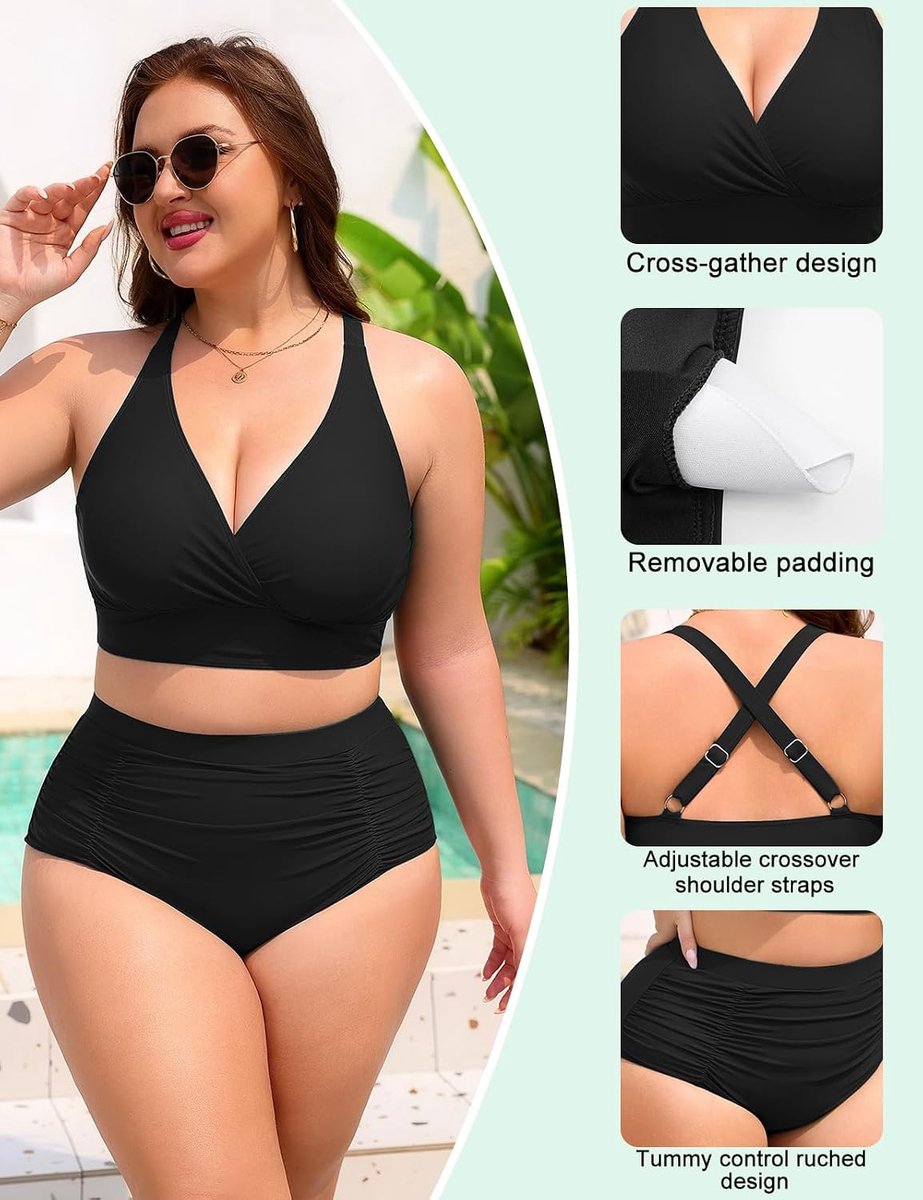 Plus Size tweedelige buikweg bikini dames set ruches push-up hoge taille badmode gekruiste rug badpak