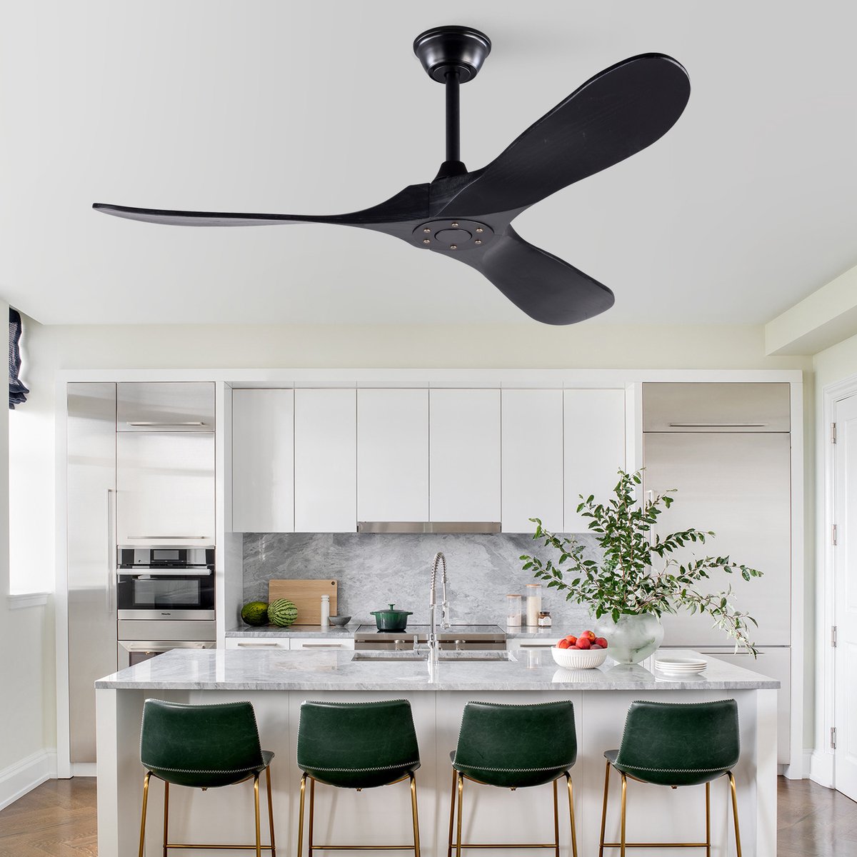 Moderne plafondventilator 52 inch zwart - 6 snelheden met omkeerbare draairichting - met afstandsbediening - snelheidsgeheugen - 3 massief houten bladen - zonder verlichting – foto 4