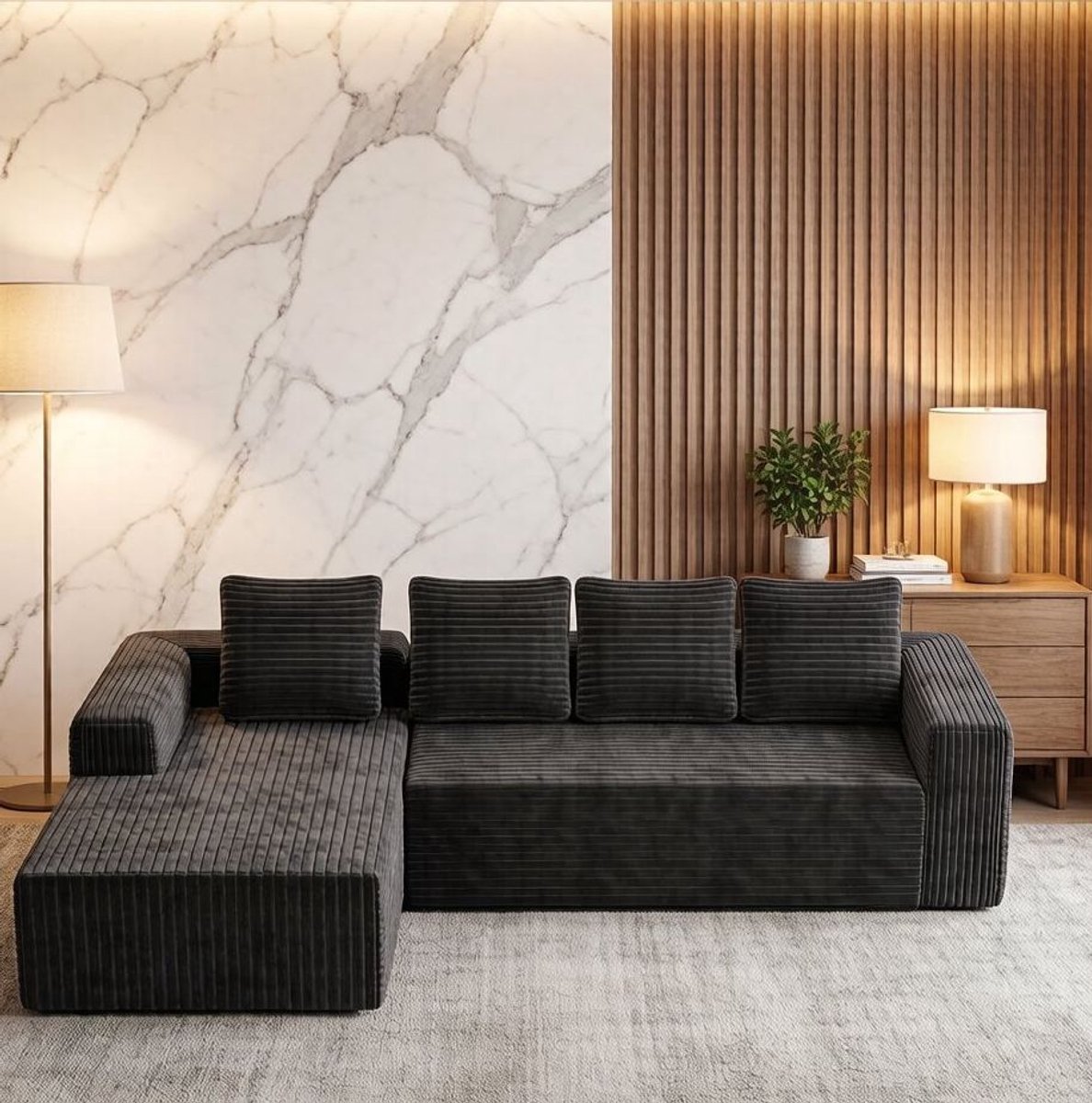 REDOM - Hoekbank - L-vormige chaise longue - Modulair en vrij combineerbaar - Modern design - Woonkamer of slaapkamer - Corduroy - Grijs - 261 x 168 x 58 cm