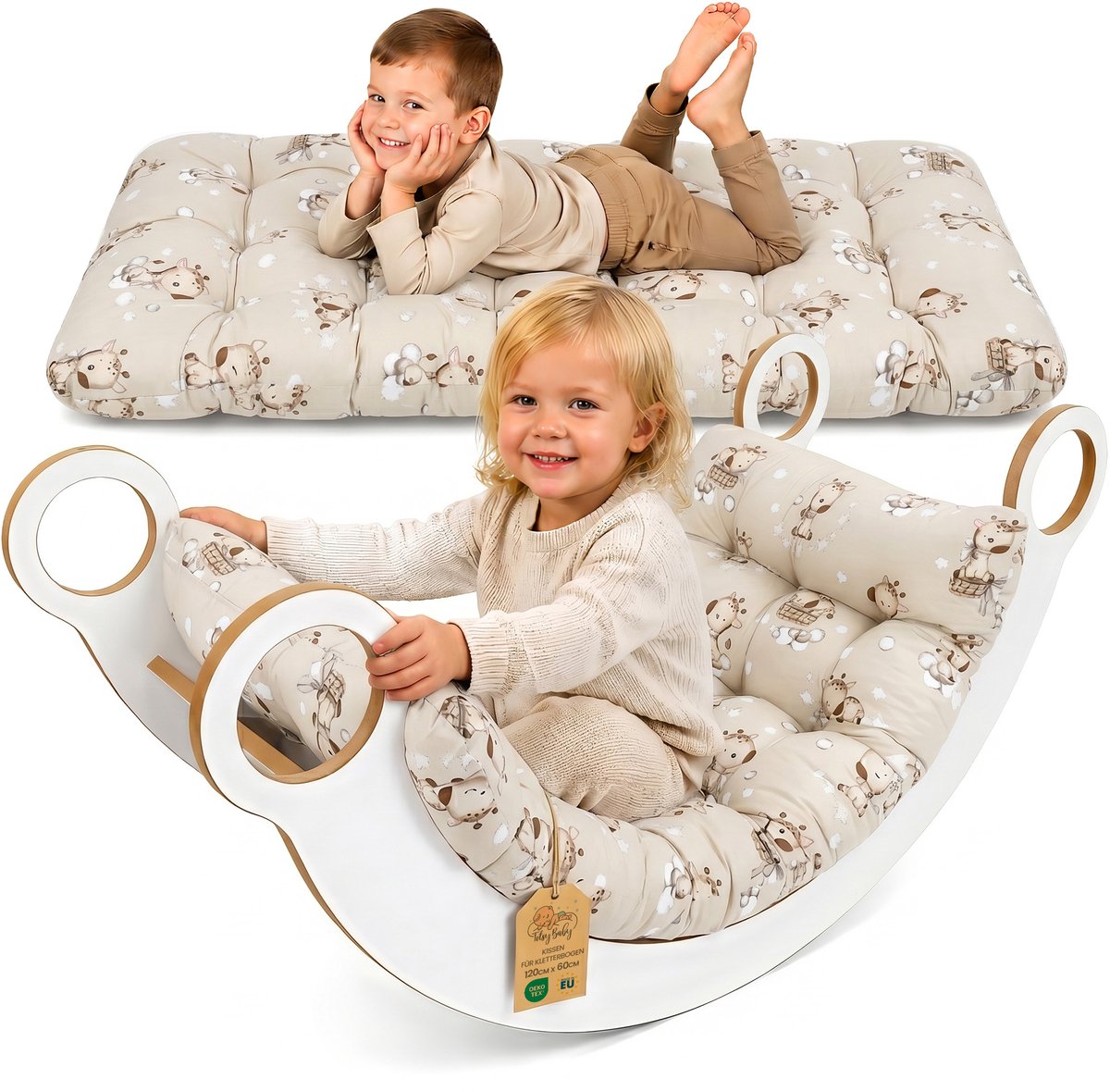 Klimboog kussen & vloerkussen voor kinderen 60x120 cm - vloermatras omkeerbaar – zitkussen voor de wipstoel spelen lezen ontspannen kinderkamer katoen Oeko-Tex Giraffen