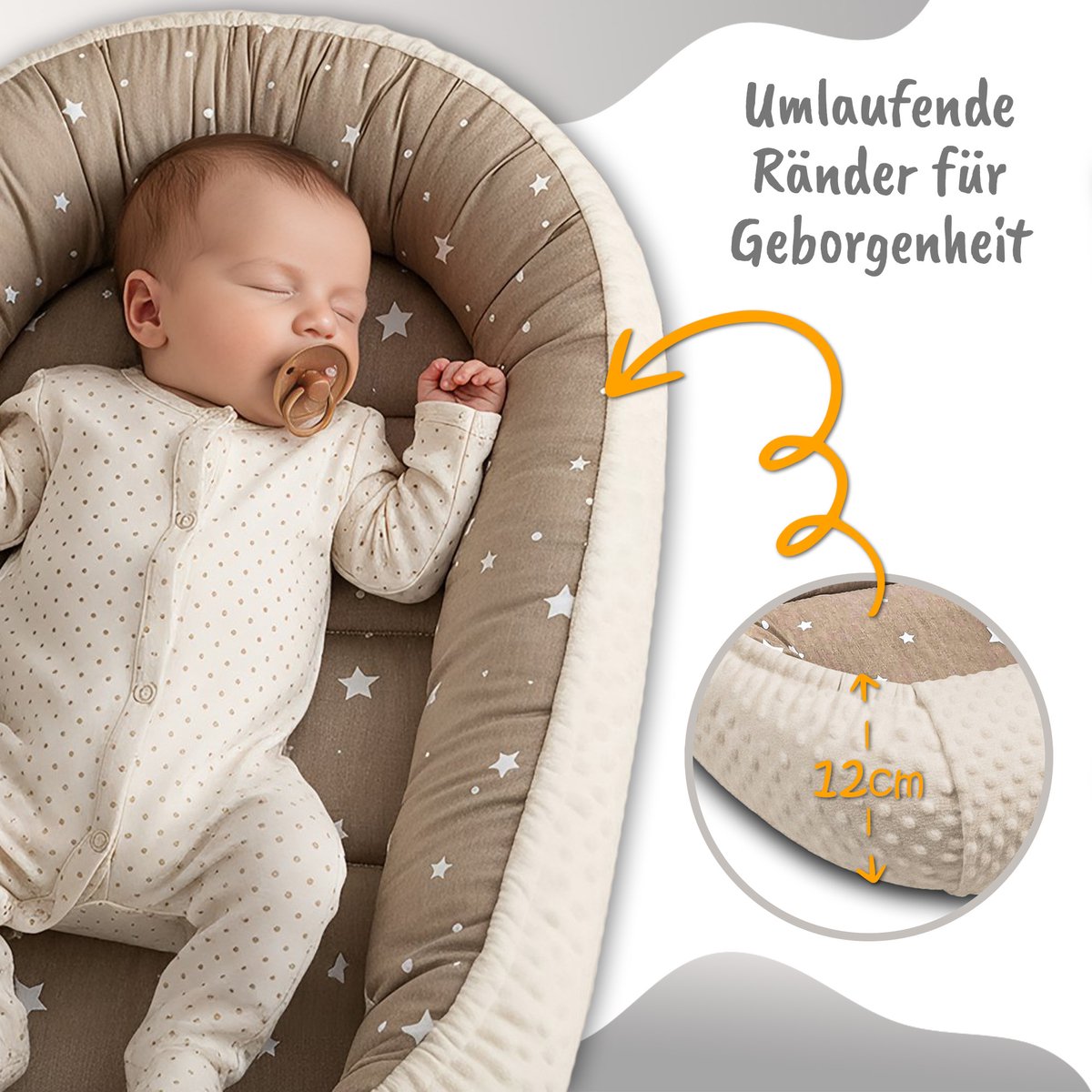 Knus Baby Nestje Pasgeborene – zacht draagbaar en comfortabel Nest voor Ledikant Kinderbed Wieg Babykamer en Onderweg – behaaglijk voor Jongen & Meisje 90x50 cm Beige met Witte Sterren – foto 3