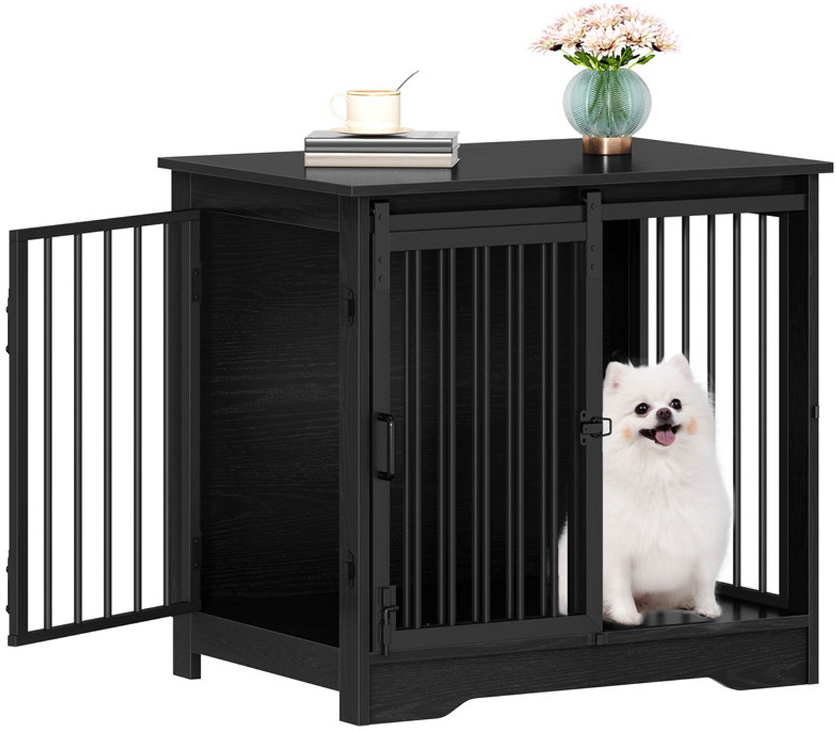 Hzuaneri 69 cm Hondenbench, meubel, hondenbox, 2 deuren, modern hondenhok voor kleine, middelgrote honden, bijzettafel, hondenhuis voor thuis, 49 × 69 × 64.5 cm, Zwart