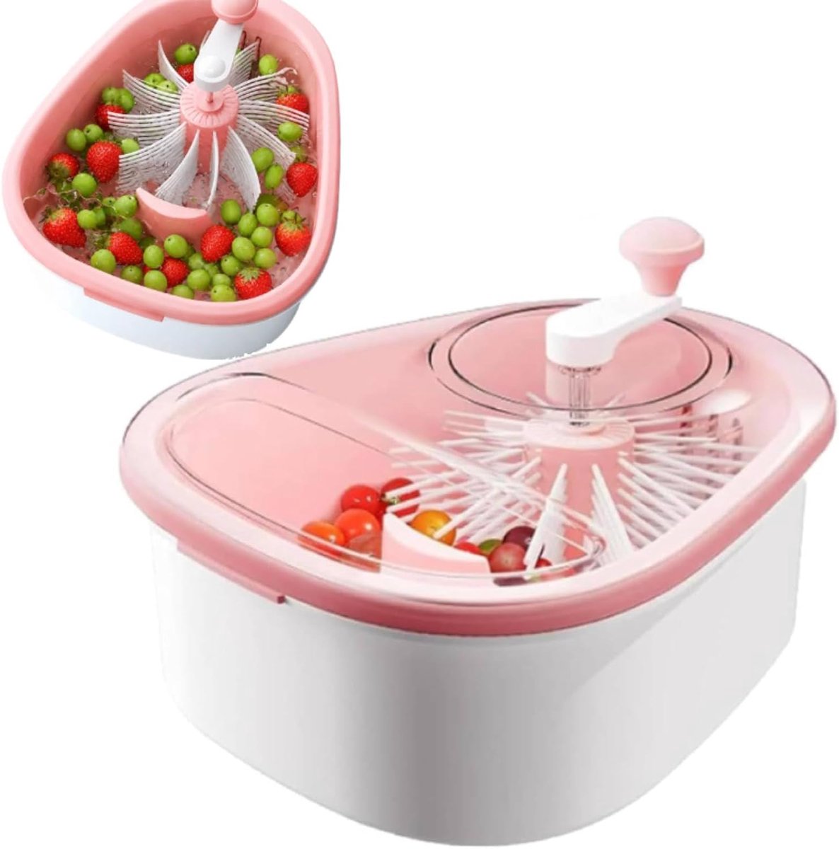 KZQ Fruit- en groentewasser/-centrifuge — Kom voor wassen en centrifugeren (inclusief schoonmaakborstel) – Multifunctioneel keukenapparaat voor het wassen en drogen van groente en fruit – Roze