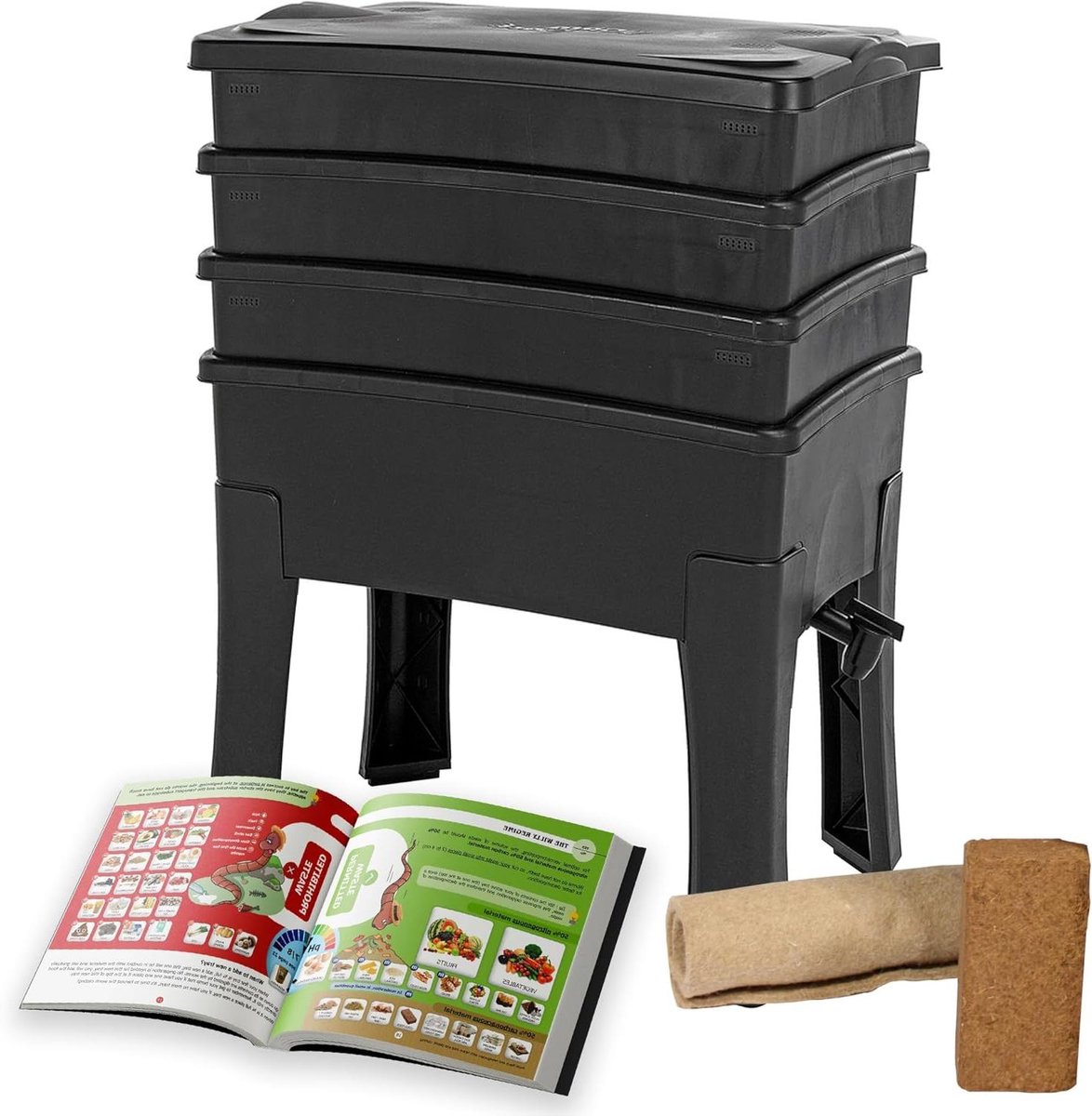 Wormenbak - Compostbak - Organisch afval verwerken - Compleet met kraan - 96 liter - Zwart