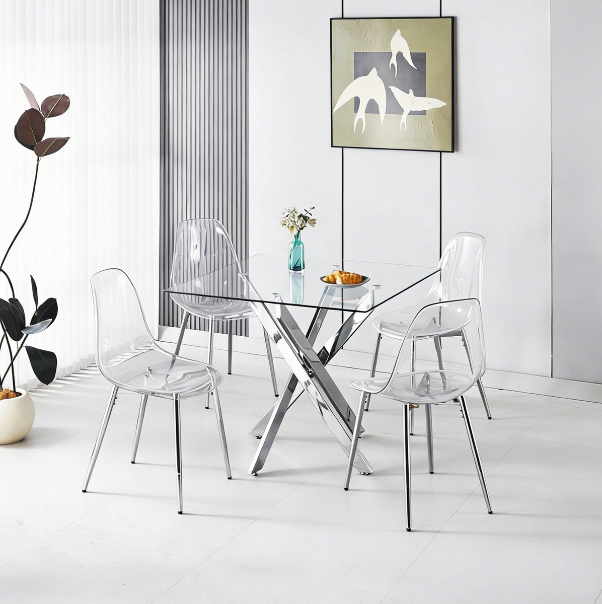 REDOM- Set tafel en stoelen - 1 tafel en 4 stoelen - Glazen eettafel met X-frame - Moderne stijl - Eetkamer en keuken - Metaal - Chroom - 80 x 80 x 75 cm