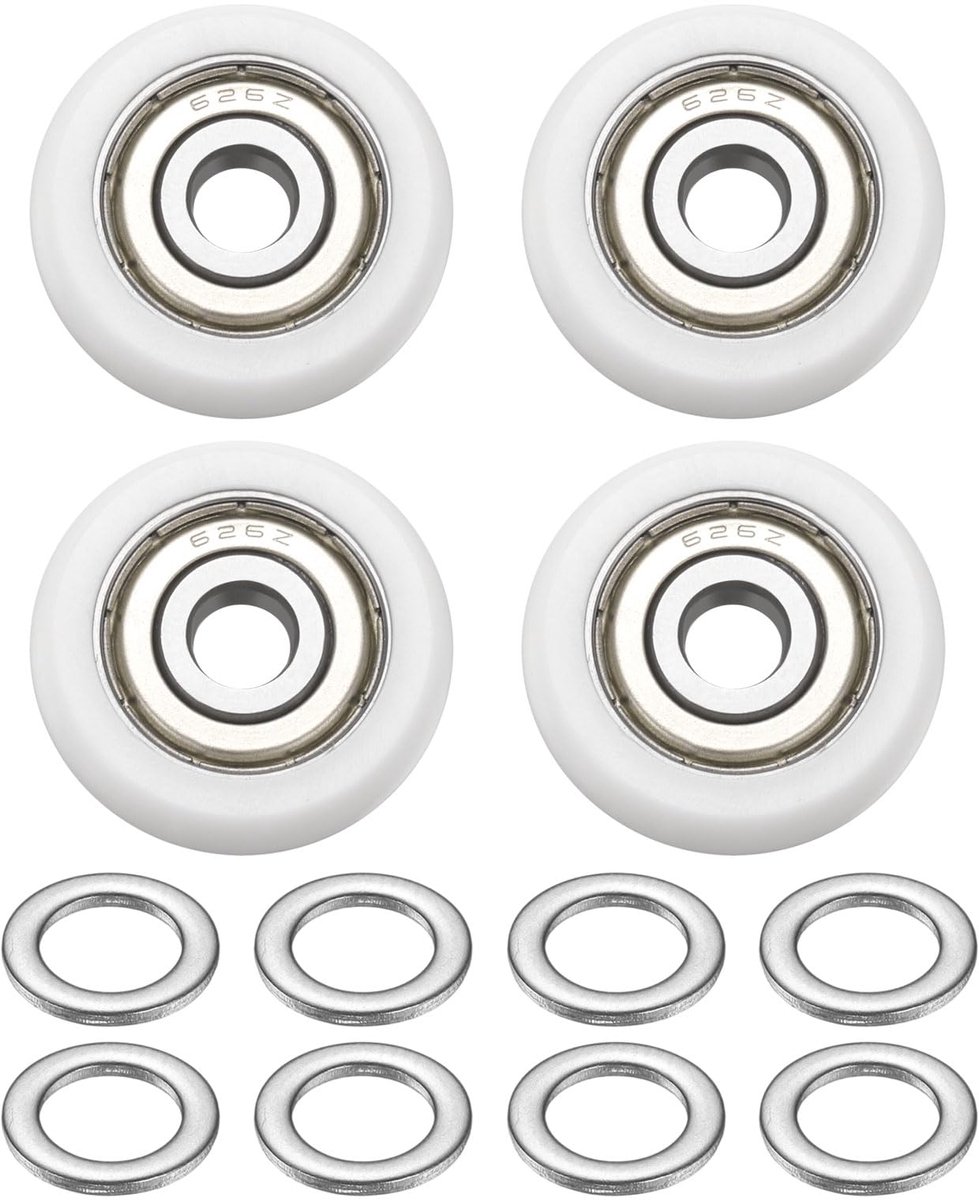 Geleidingsrol met kogellagers, 6 x 25 x 7 mm, 4 stuks, rond wiel van nylon, met afdichtingsrol van dubbel metaal en 8 sluitringen voor wit