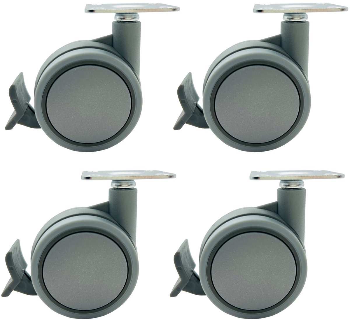 Zwenkwielen met Rem Tweelingwiel Nylon Wielen met Plaatbevestiging FC3611A 360 Graden Multifunctionele Wielen Afmeting Ø 60mm Set van 4 Stuks