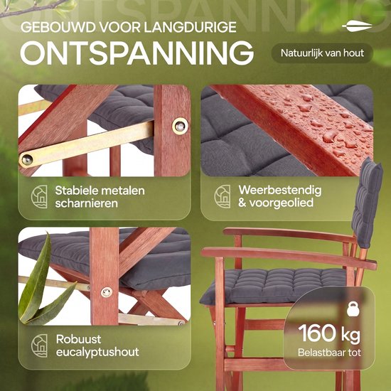 Casaria 2 Regisseursstoelen Gevoerd - FSC Eucalyptus - met Armleuningen - Antraciet — afbeelding 5