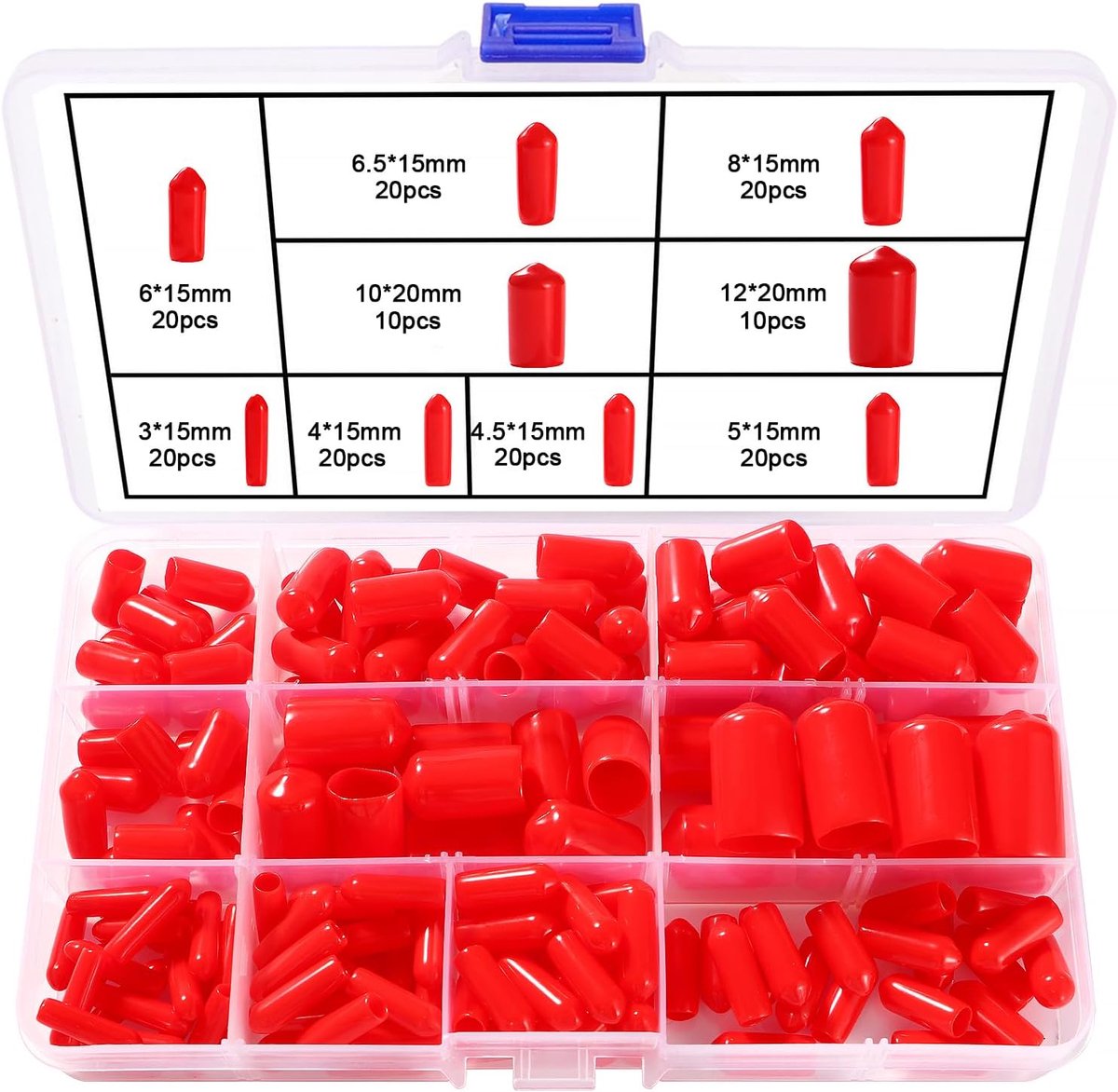 160 Stuks 9 Maten 3-12 mm Rubberen Eindkappen Assortimentset, Schroefdraadbescherming Ronde Buis, Ronde Flexibele Eindkappen van Vinyl, voor Schroeven, Buizen, Kabels, Draden, Rood
