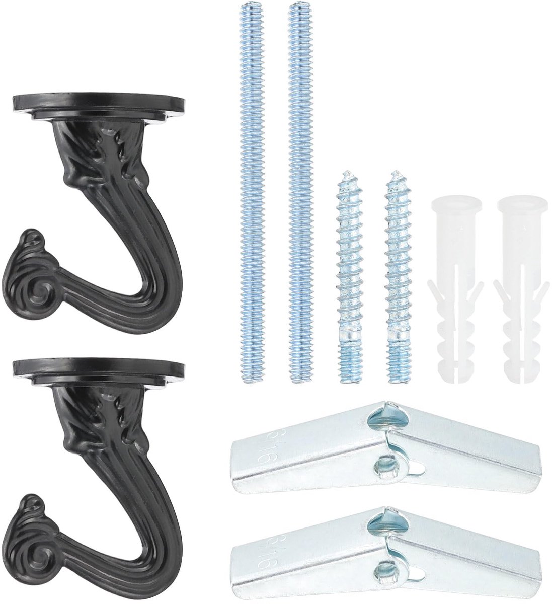 Swag Haken, 2 stuks zware plafondhaken met hardware-installatie muurbevestiging plafondhangers voor hangende planten kroonluchters, zwart