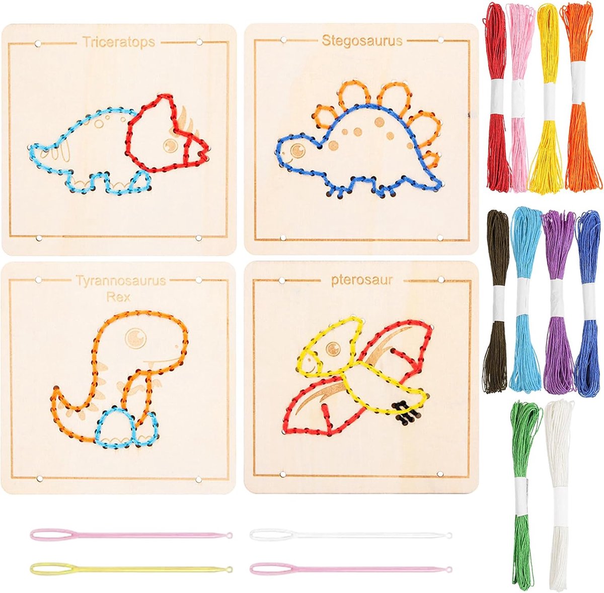 Borduurset voor Beginners - Rijgspel met 4 Dieren voor Doe-het-zelf Kunst, Knutselsets met Garen voor Kinderen