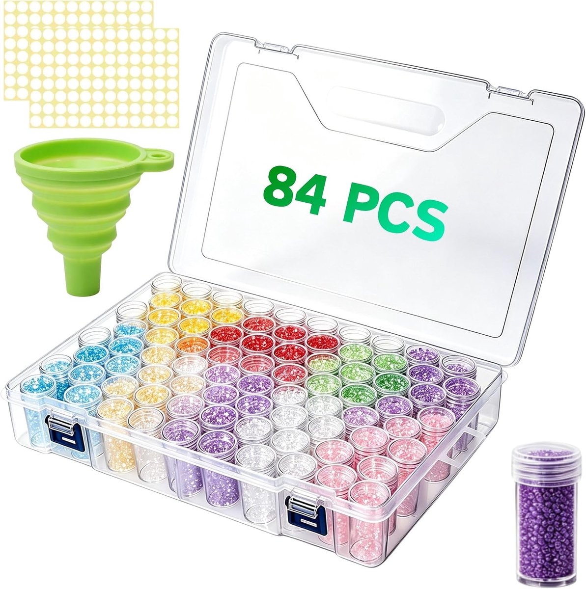 Bewaarbox voor Diamond Painting, 84 stuks 5D Diamond Painting accessoire dozen met trechter en stickers, sorteerboxen voor kleine onderdelen