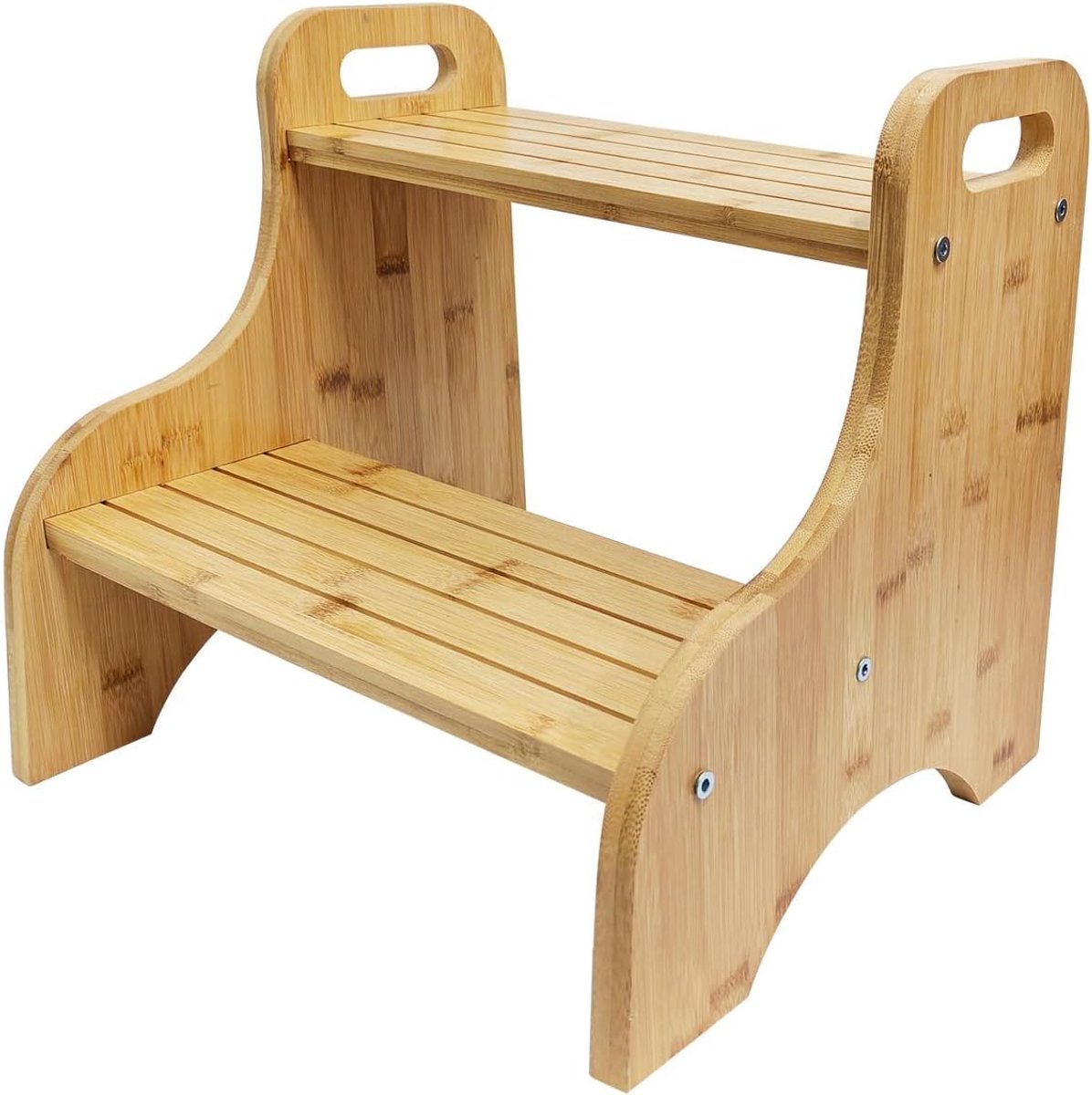 Opstapkruk voor kinderen met 2 treden, bamboe trapkruk, met anti-slip pads en draagbare handgrepen, 80 kg capaciteit, voor badkamer, keuken, kinderkamer en toilet, potjestraining