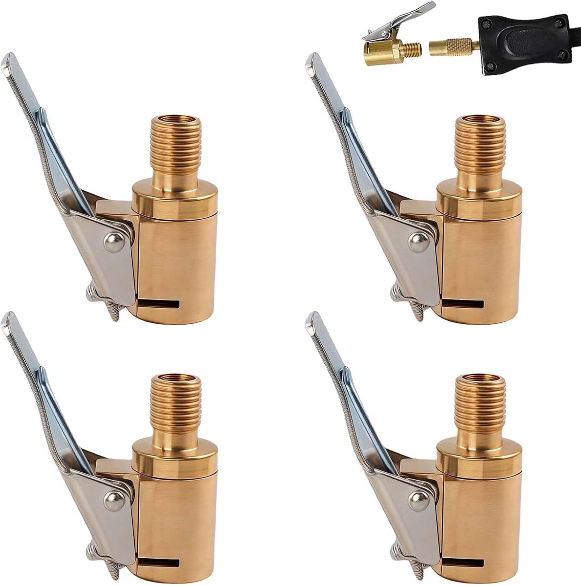 4 stuks pneumatische boorhouder met clipadapter, opblaasadapter met clip, 1/4 inch messing pompadapter, lekvrij, voor compressor, fiets, motorfiets, auto, opblaasadapter voor autobanden