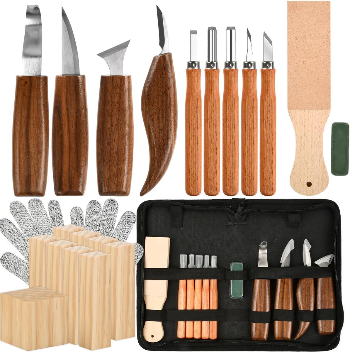 23 stuks houtsnijgereedschap, houtsnijset, houtsnijset met 5 + 4 messen, 9 snijhout, polijstpasta, handschoenen, PU-tas, voor beginners en professionals