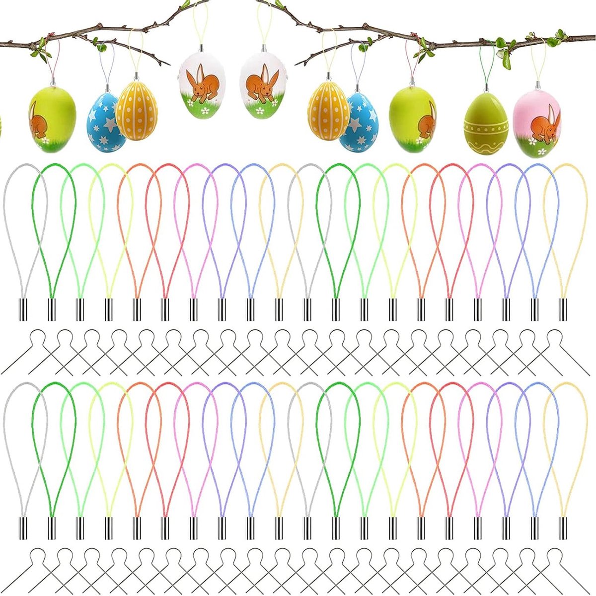 150 hangers voor paaseieren + 150 kleurrijke koorden geschikt om op te hangen, decoratieve eierhangers, kogelhangers, metalen haken, haken voor paaseieren, kunststof eieren als decoratie voor Pasen