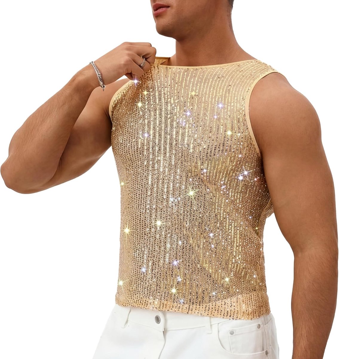 Pailletten tanktop heren mouwloos ronde hals pailletten shirt mannen metallic glanzend bovendeel disco rave party nachtclub zomer T-shirt vest