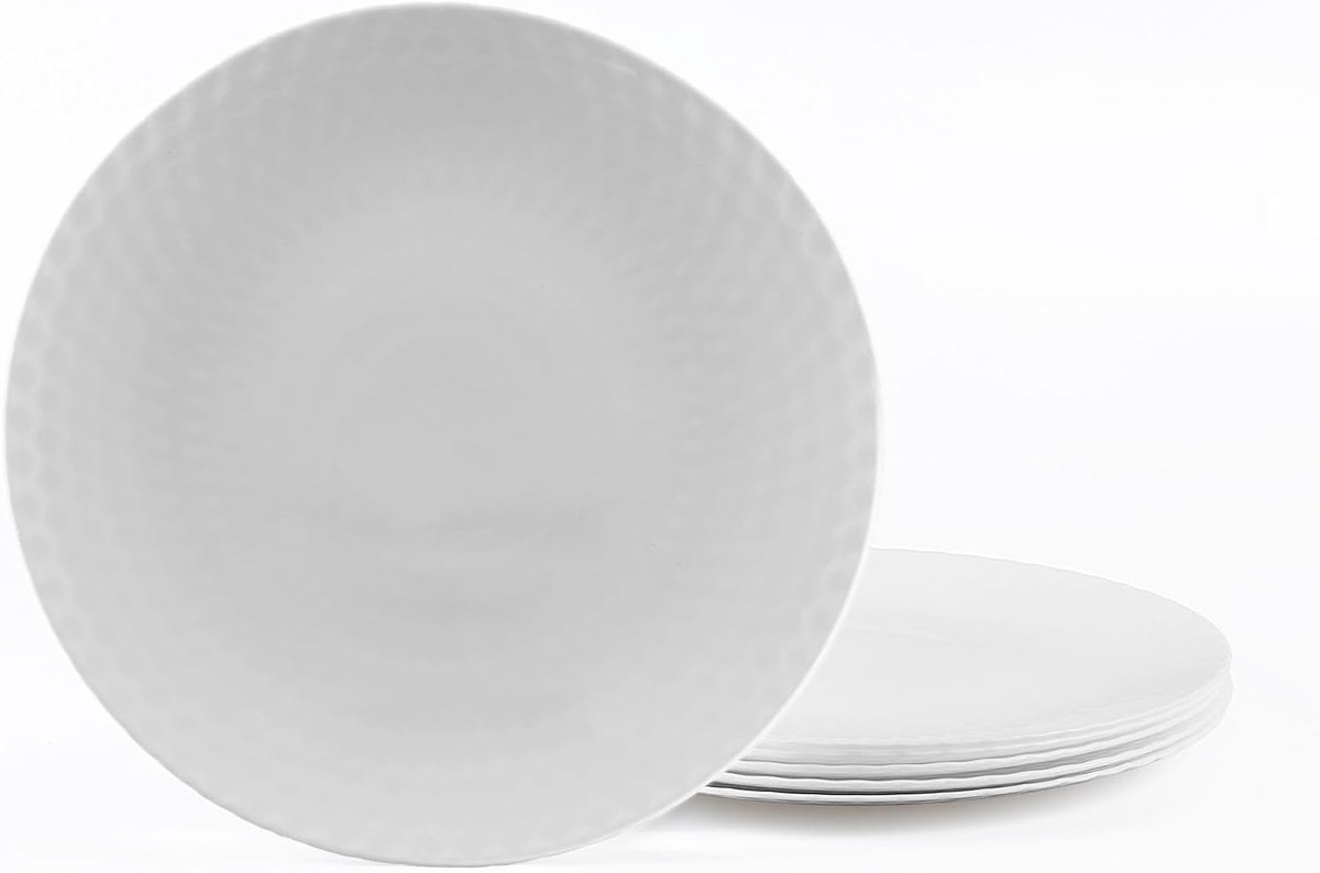26,67 cm Ronde geometrisch gefacetteerde witte opaalglas dinerbordenset van 6 stuks, vaatwasser‑ & magnetronbestendig
