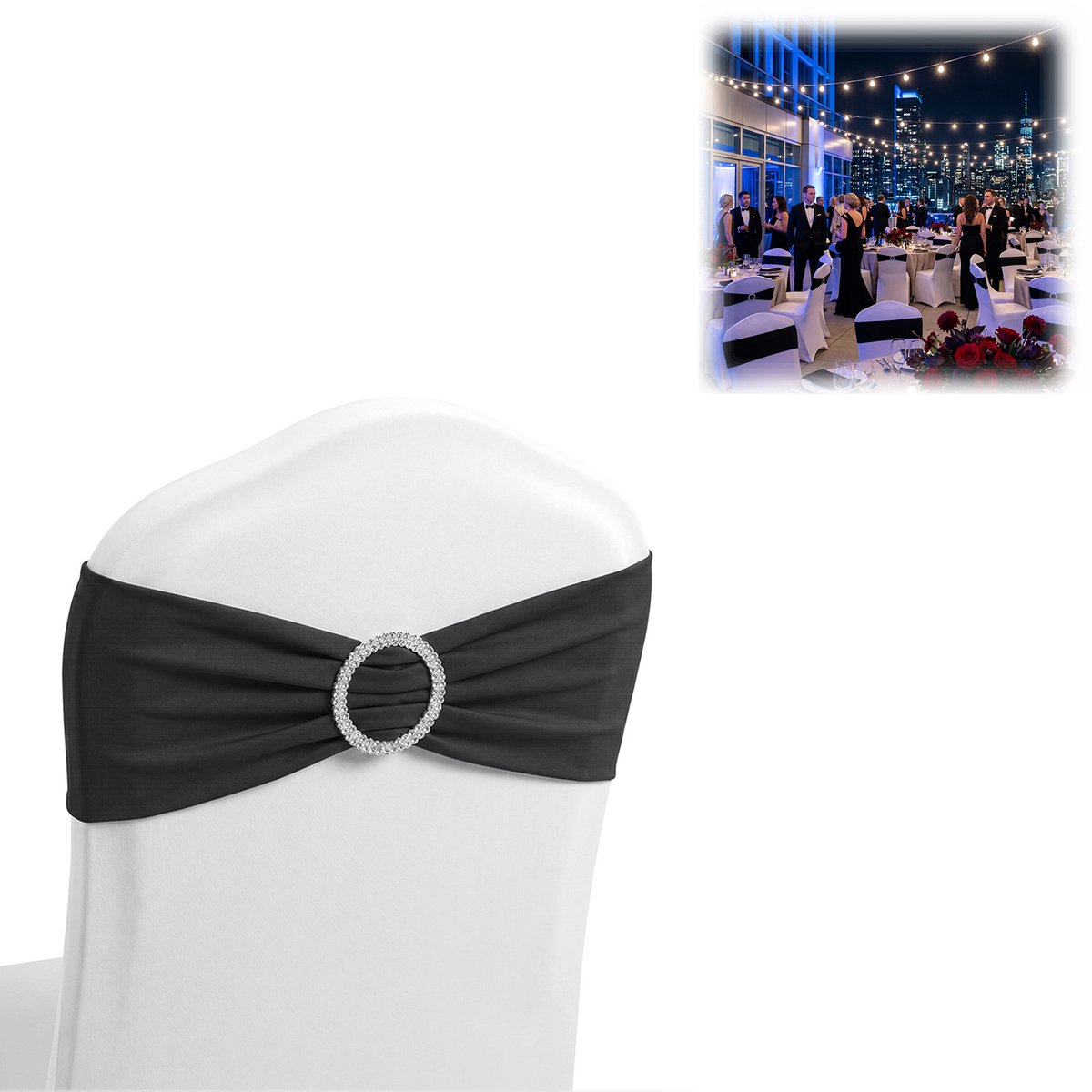 AUFUN 10 Stuks Elastische Stoelbanden Met Gesp En Strik – Zwart – 14 x 34 cm (universele maat)– Geschikt Voor Bruiloften, Vieringen, Feesten, Hotels En Restaurants.