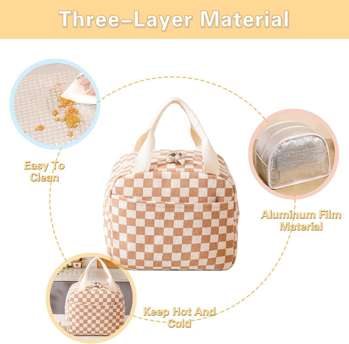 Corduroy lunchtas - schattige handtas voor lunch - herbruikbare geïsoleerde lunchtrommel - grote capaciteit herbruikbare koel-/warmhoudbox - geschikt voor werk/picknick/reizen (corduroy ruit bruin) — cadeau in Cadeau-ideeën - foto 3