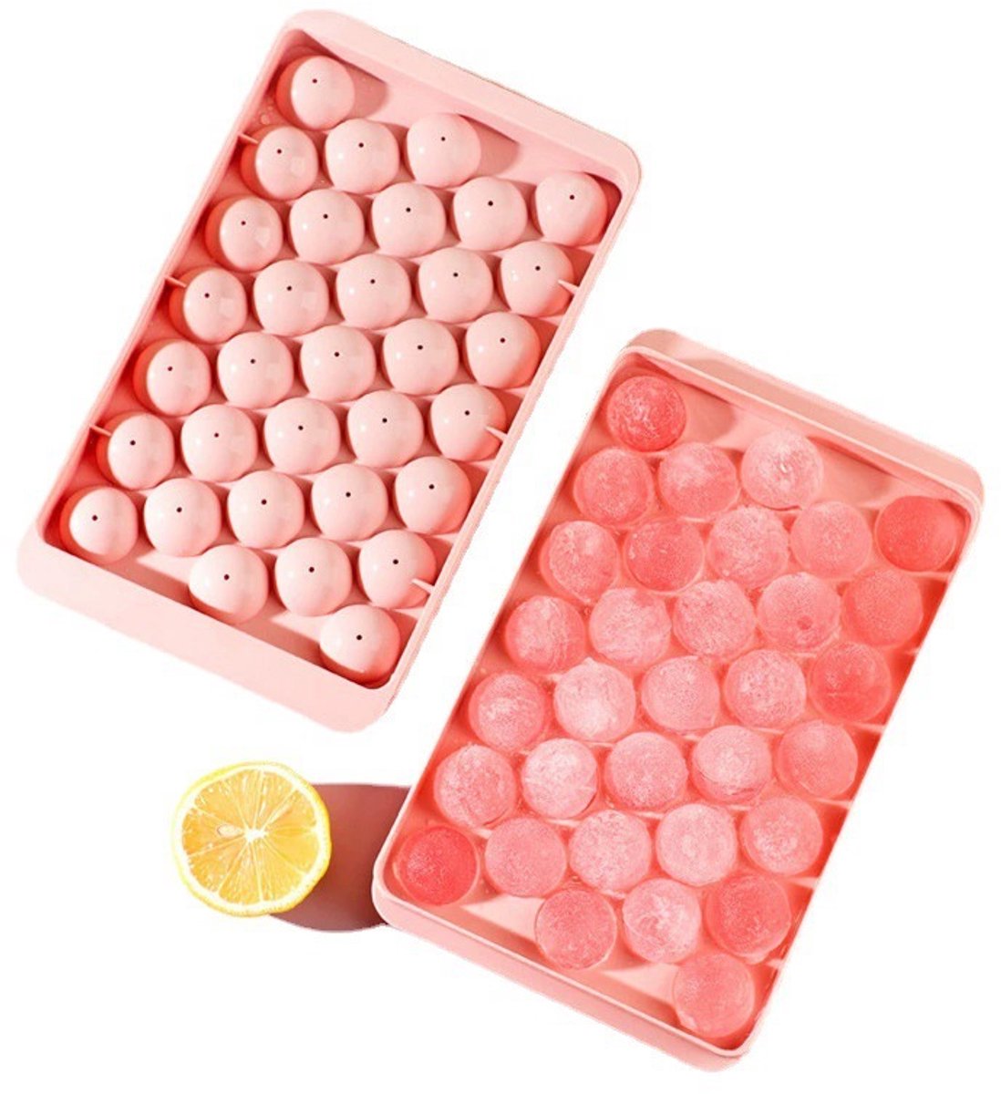 Twee kleine ronde ijsbolvormen/ijsblokjesvormen, geschikt om ijsblokjes van te maken en in te vriezen, perfect voor cocktails, whisky, thee en koffie,roze