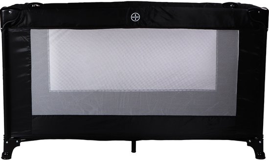 Zwart MamaLoes campingbed met een mesh venster aan de voorzijde.