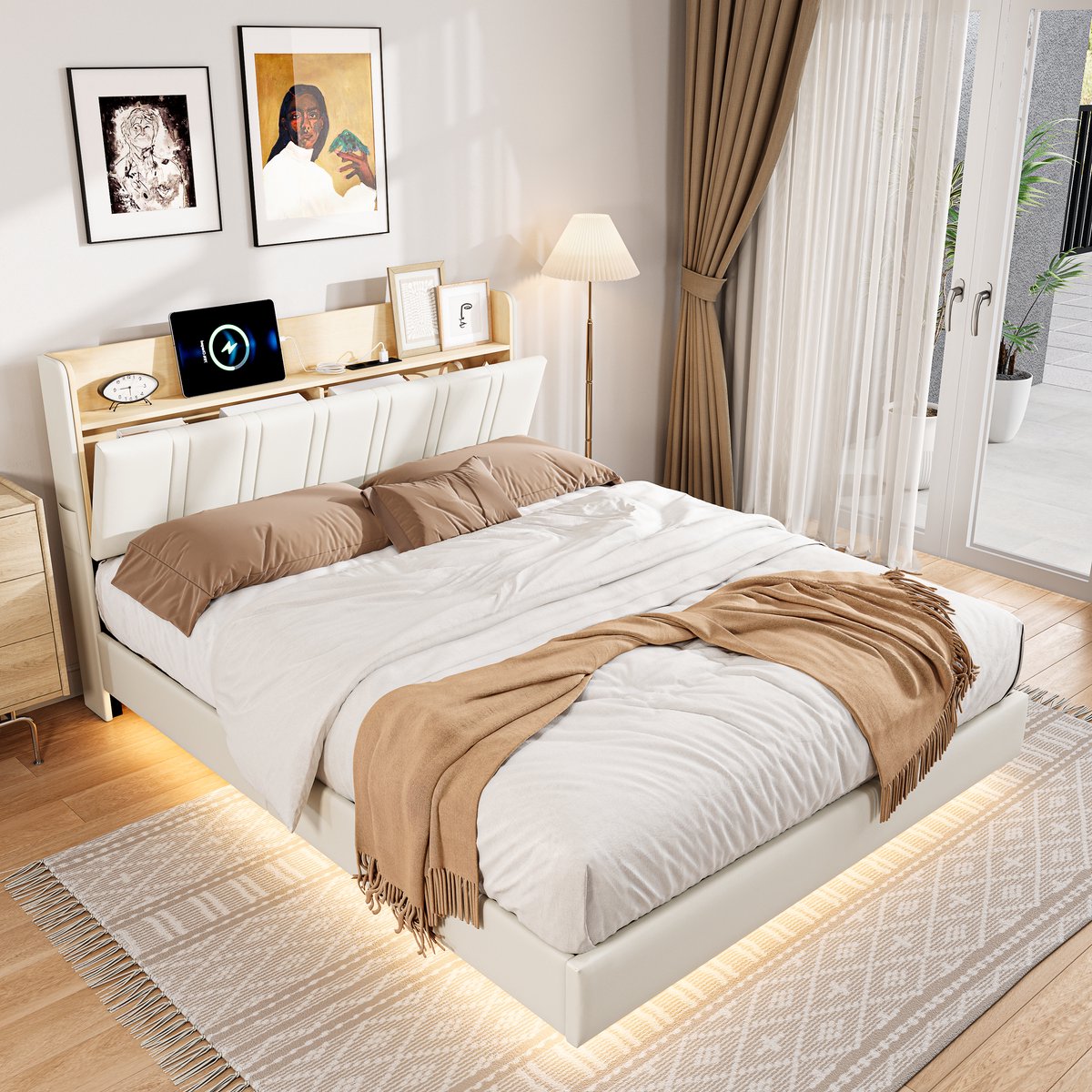 Tweepersoonsbed 140x200 met LED- en USB-aansluiting, lattenbodem, zwevend frame met lattenbodem en opbergruimte in het hoofdeinde, 2-persoonsbed voor volwassenen en tieners (PU Wit)